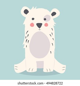 Cute polar bear sitting on the ground on blue background, vector illustration