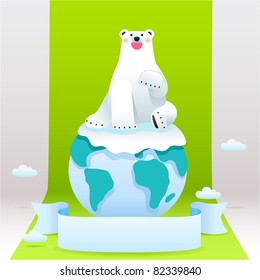 cute polar bear sitting on the earth.Vector illustration with simple gradients.