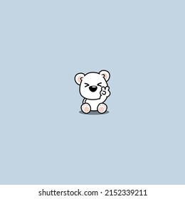 Cute polar bear sitting and showing V sign hand cartoon icon, vector illustration