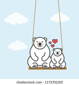 Cute polar bear sitting together on a swing, with blue sky and white clouds in the background.