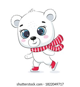 Cute polar bear skating on ice. Merry Christmas design.