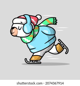 A CUTE POLAR BEAR IS SKATING ON ICE CARTOON ILLUSTRATION.