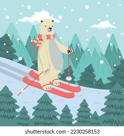 Cute Polar Bear  skiing with tree