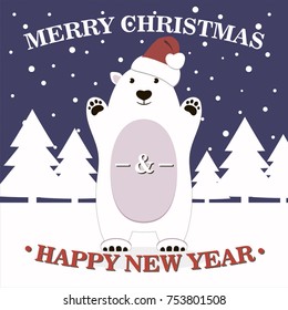 Cute polar bear in the snow against the backdrop of the night of Christmas trees