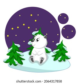A cute polar bear in the snow looks at the Big Dipper. Cartoon vector illustration for kids