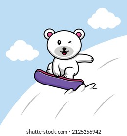 Cute Polar Bear Snowboarding Cartoon Vector Icon Illustration. Animal Sport Icon Concept Isolated Premium Vector. Flat Cartoon Style