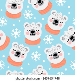 Cute Polar Bear in Snowflakes Background  Seamless pattern. Baby winter clothing water color texture. 