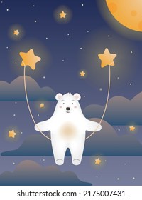 Cute polar bear in space rides on a swing on the shiny stars, cosmic background with clouds and moon. Kind smiling white bear in the cosmos at starry night. Vector illustration for little kids