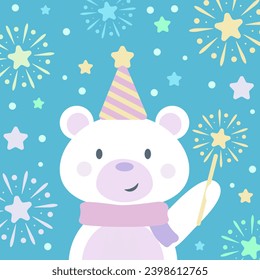 Cute polar bear with a sparkler and fireworks, new year clip art flat illustration, festive decoration or greetings card background design