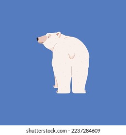 Cute polar bear standing back showing tail, cartoon flat vector illustration isolated on blue background. Funny Arctic animal, childish character drawing.