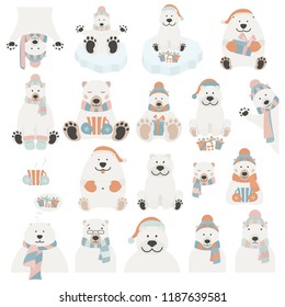 Cute polar bear sticker set. Elements for christmas holiday greeting card, poster design. Vector illustration