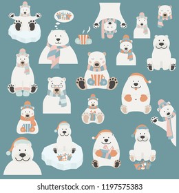 Cute polar bear sticker set. Elements for christmas holiday greeting card, poster design. Vector illustration