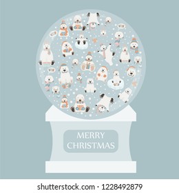 Cute polar bear sticker set. Snow globe design. Elements for christmas holiday greeting card, poster. Vector illustration