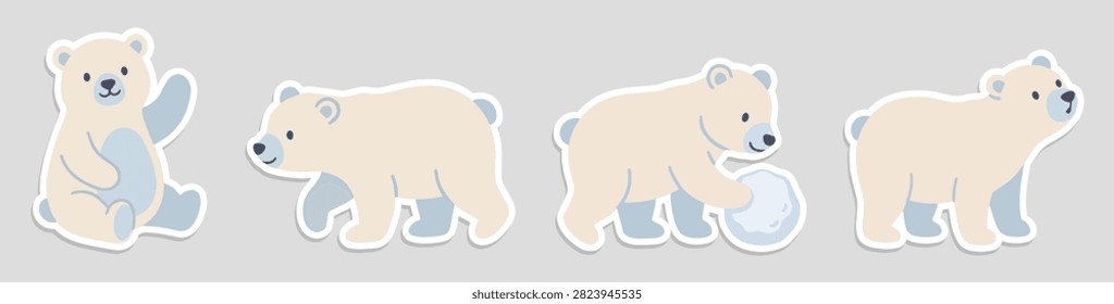 Cute polar bear sticker set. Cartoon white bear in different poses. Vector illustration.