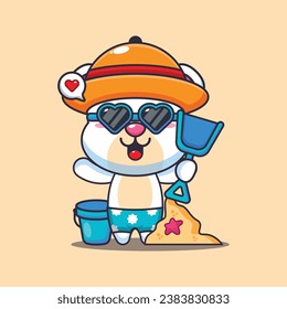 Cute polar bear in sunglasses play sand beach cartoon illustration. Cute summer cartoon illustration. 