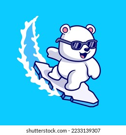 Cute Polar Bear Surfing With Glasses On Ice Cartoon Vector Icon Illustration. Animal Sport Icon Concept Isolated Premium Vector. Flat Cartoon Style