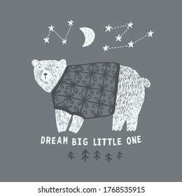 Cute polar bear in a sweater under the moon and stars. Can be used for shirt design, fashion print design, kids wear, textile design, greeting card, invitation card. DREAM BIG LITTLE ONE.