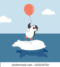 Cute Polar Bear Swimming With Penguin  Holding Balloon