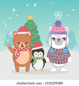 cute polar bear teddy and penguin tree snowflakes merry christmas vector illustration