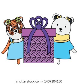 cute polar bear and tiger with gift in birthday party