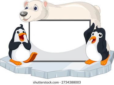 Oso polar lindo y dos pingüinos están alrededor de un marco blanco en blanco en un iceberg