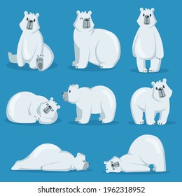 Cute polar bear in various poses set. White arctic animal sitting, sleeping, standing and smiling. Cartoon vector illustration. Zoo, winter, wildlife, fauna concept