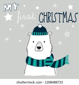 cute polar bear vector illustration, Merry Chirstmas card with polar bear