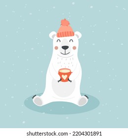 Cute polar bear in a warm hat with a cup of hot chocolate. Christmas and holiday greeting cards vector illustration