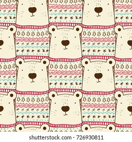 Cute polar bear in warm winter pullover with fir tree and snowflakes. Seamless pattern for Christmas and New Year decorations