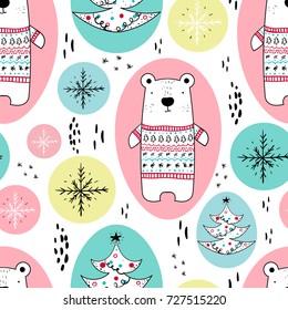 Cute polar bear in warm winter pullover with fir tree and snowflakes. Christmas tree with decorations, garlands, stripes and dots. Seamless pattern for Christmas and New Year decorations