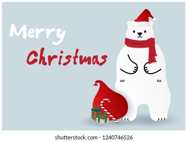 Cute polar bear wear a red scarf and Santa hat standing with a gift boxes, Santa bag and wording of Christmas on blue background.