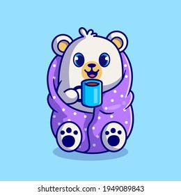 Cute Polar Bear Wearing Blanket And Drink Hot Coffee Cup Cartoon Vector Icon Illustration. Animal Drink Icon Concept Isolated Premium Vector. Flat Cartoon Style.