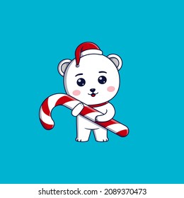 Cute polar bear wearing christmas hat and scarf hugging candy