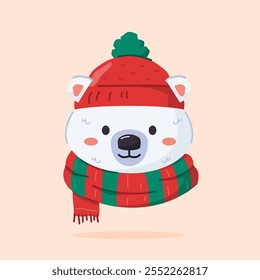 cute polar bear wearing christmas hat and scarf, cute christmas icon in animal shape, suitable for poster and web icon