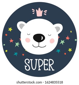 cute polar bear wearing a crown, the stars, the words super, a rug for a newborn