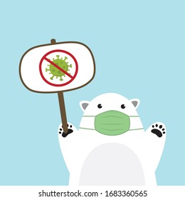 Cute Polar Bear wearing medical mask on sky blue background. Coronavirus (COVID-19) Vector Illustration.  Kawaii Teddy Bear.