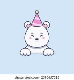 Cute polar bear is wearing party hat in cartoon style. Vector flat illustration
