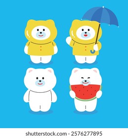 Cute polar bear wearing raincoat and holding umbrella