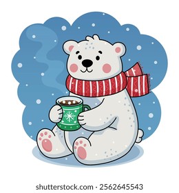 A cute polar bear wearing a red scarf, holding a green mug of hot chocolate, sitting in a snowy winter scene.