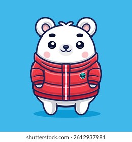 Cute Polar Bear Wearing Red Winter Jacket – Kawaii Cartoon Vector Character