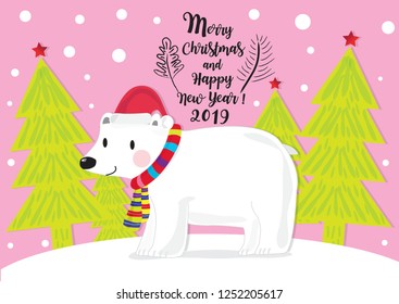 Cute Polar bear wearing Santa Claus hat Vector illustration for Merry Christmas and Happy New Year,Cute polar bears in simple cartoon style,Illustration of cute Polar bear