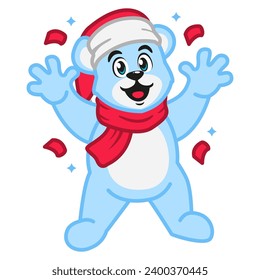 A cute polar bear wearing a santa hat and a scarf