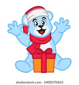 A cute polar bear wearing a santa hat and scarf with a gift box