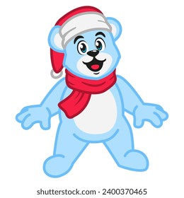 A cute polar bear wearing a santa hat and a scarf