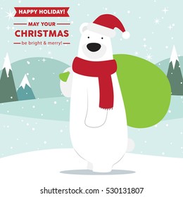 Cute polar bear wearing santa hat bring presents vector greeting card