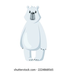 Cute polar bear. White arctic animal stands on its hind legs and smiling. Cartoon vector illustration. Zoo, winter, wildlife, fauna concept