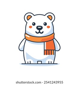 Cute polar bear winter fun. Adorable polar bear in orange scarf. Symbolizes warmth, winter joy.