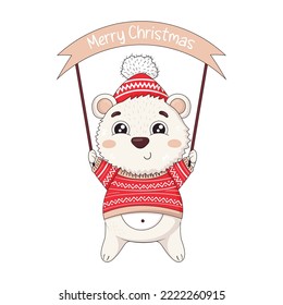 Cute polar bear in a winter knitted sweater and hat holding a sign with the inscription merry christmas