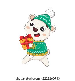 Cute polar bear in a winter knitted sweater and hat carries a Christmas present