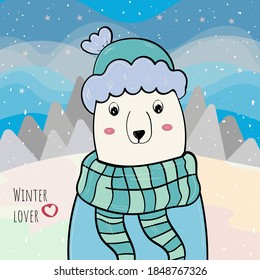 Cute Polar Bear winter lover, Vector illustration for children.